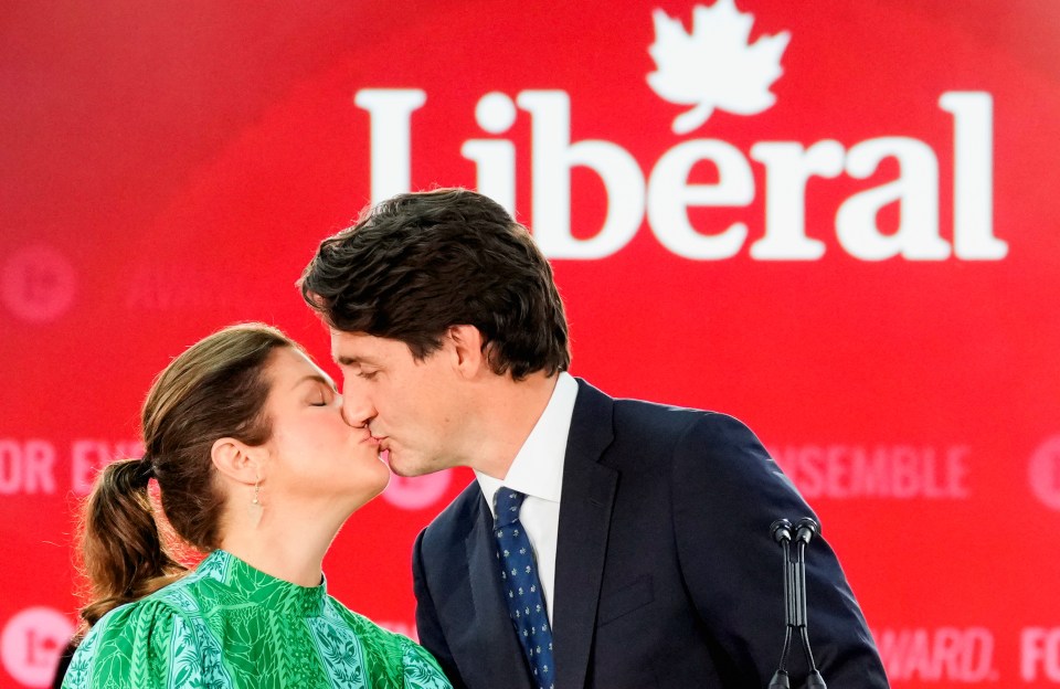 Canada's Prime Minister Justin Trudeau kisses his wife Sophie Gregoire