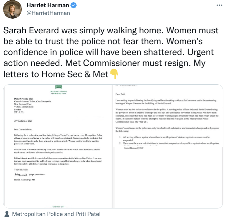 Harriet Harman has written to Cressida Dick and Priti Patel