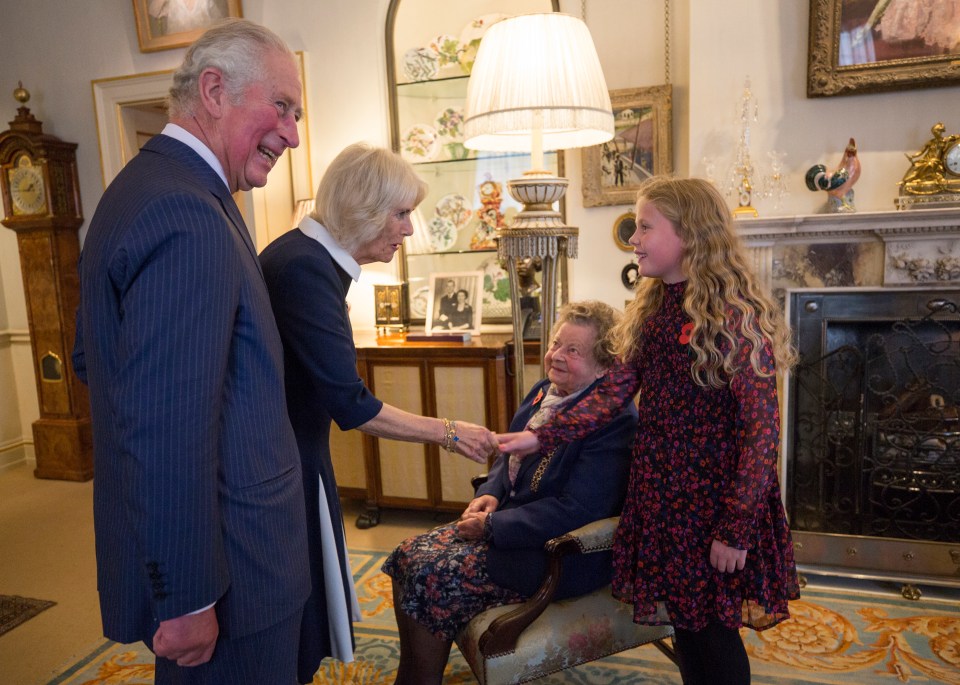 Charles and Camilla meet Jill Gladwell, 95, and Maisie Mead, 10