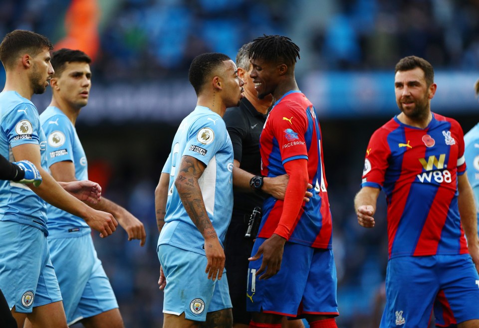 Brazilian striker Gabriel Jesus squared up to Zaha after the half-time whistle following Laporte's dismissal