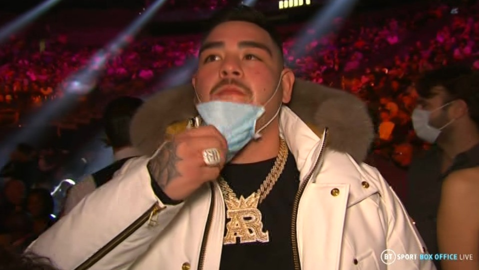 Andy Ruiz Jr wore a white leather jacket to watch his rivals Tyson Fury and Deontay Wilder