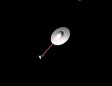 A reconstruction of a UFO sending a beam of light at the warhead in the edge of space