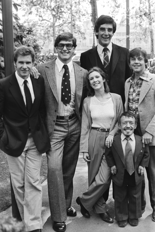 Actors Harrison Ford, David Prowse, Peter Mayhew, Carrie Fisher, Mark Hamill and Kenny Baker in London during the release of Star Wars: The Empire Strikes Back in 1980