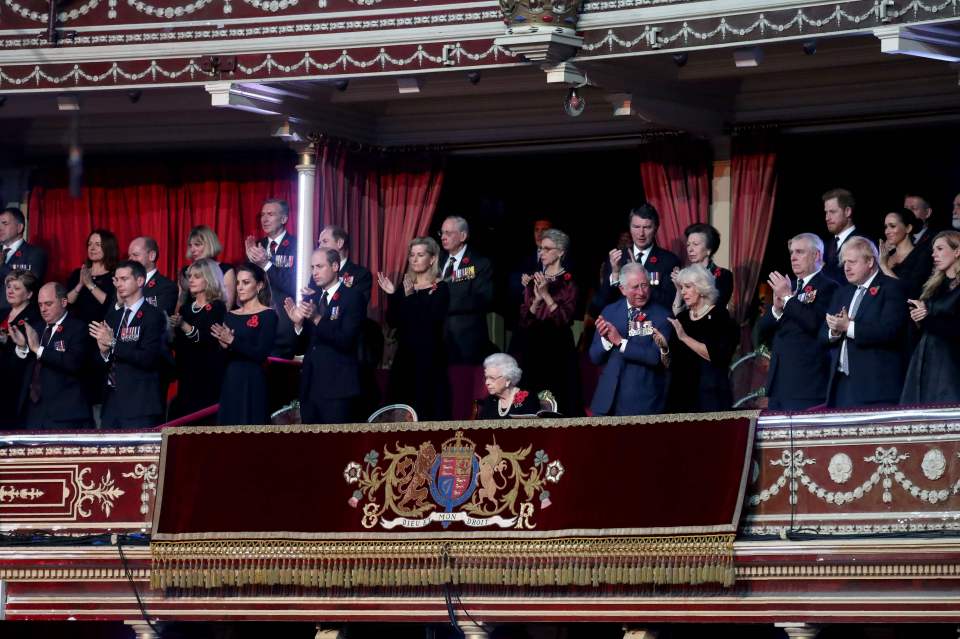 The royal box was much busier the last time the event was held in 2019, with Prince Andrew, Prince Harry and Meghan Markle, right, all joining The Queen