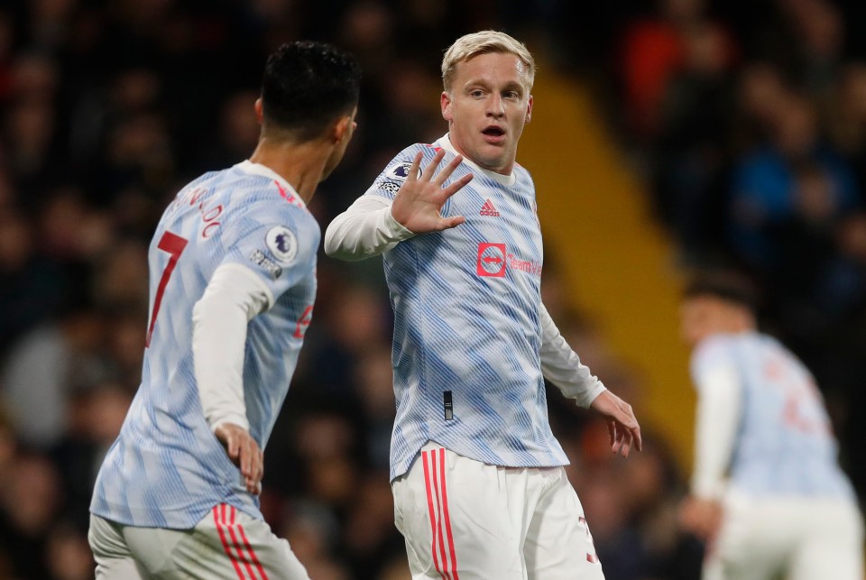 Van de Beek celebrated with Cristiano Ronaldo after being picked out by the Portugal international