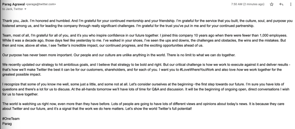 This is Agrawal's full statement, where he describes being "honoured and humbled"