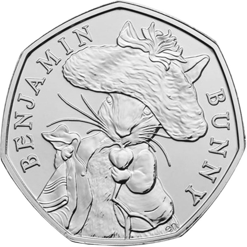 The Benjamin Bunny 50p features Beatrix Potter's famous fluffy character eating a radish