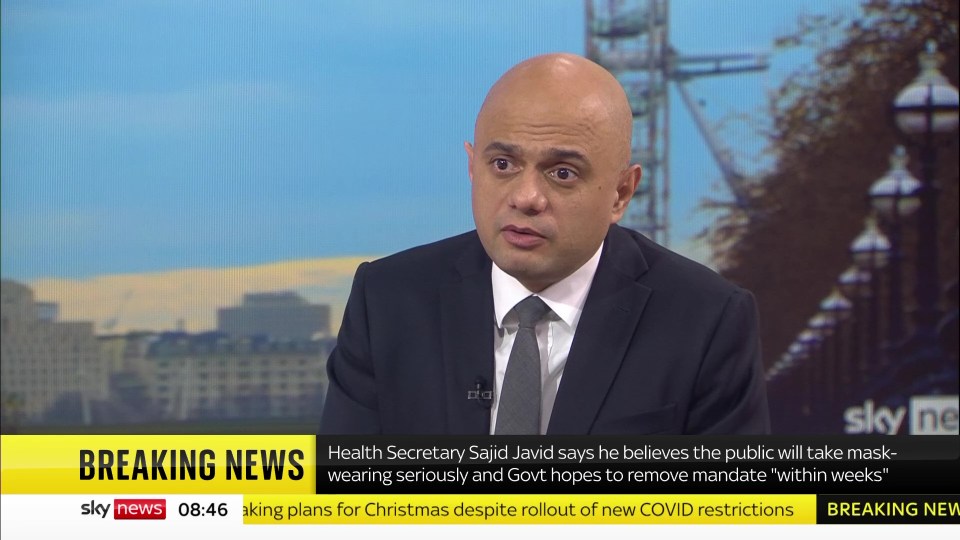 Sajid Javid said mandatory face masks are due to return from Tuesday