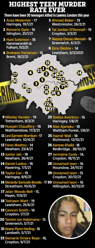 In total, 30 youngsters have died in London so far this year, with one day remaining