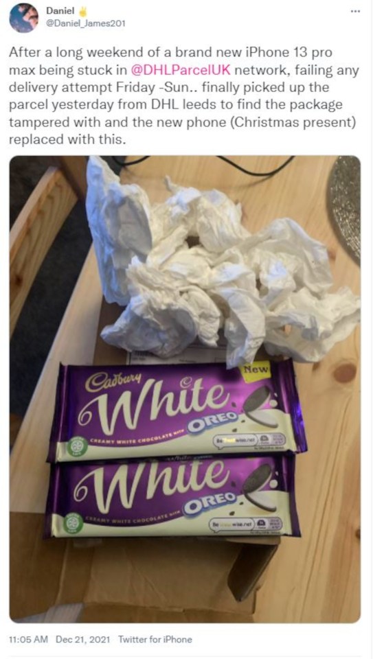 He said “Inside there was cheap industrial toilet roll, which stunk, and two bars of Dairy Milk Oreo in there.” after numerous attempts to contact DHL's customer support