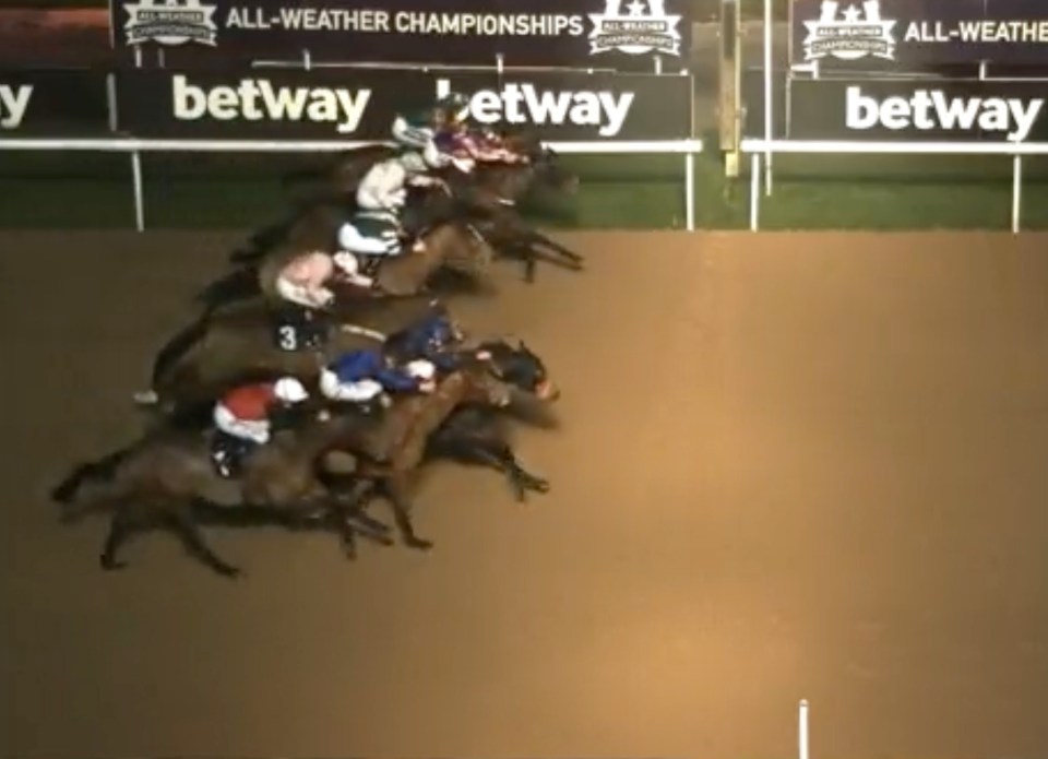 Eight horses approached the line at the same time at the Betway Insider Handicap at Wolverhampton on Boxing Day