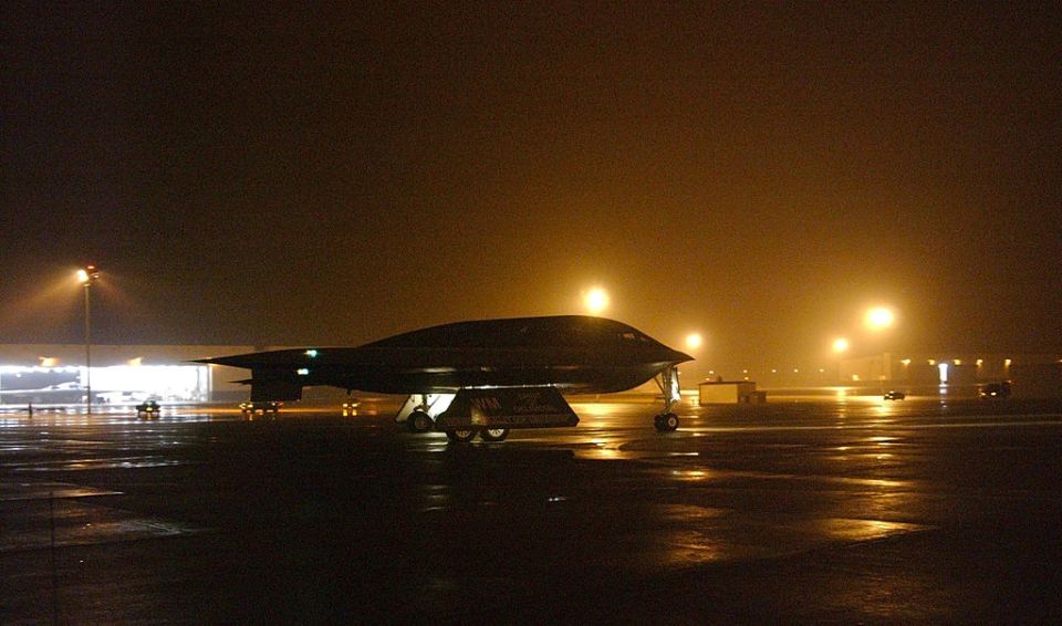 A US Air Force B2 bomber taxis down a runway at Whiteman Air Force Base