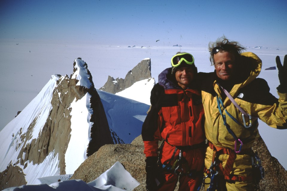 Conrad and Alex on the summit of Trolls Loppet, a peak in the Antarctic region of Queen Maud Land in 1996