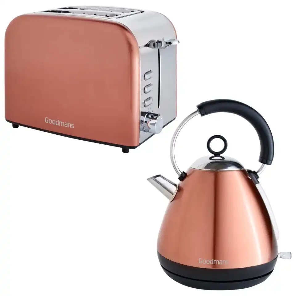 Goodmans’ copper-coloured kettle-and- toaster breakfast set is £39 at B&M