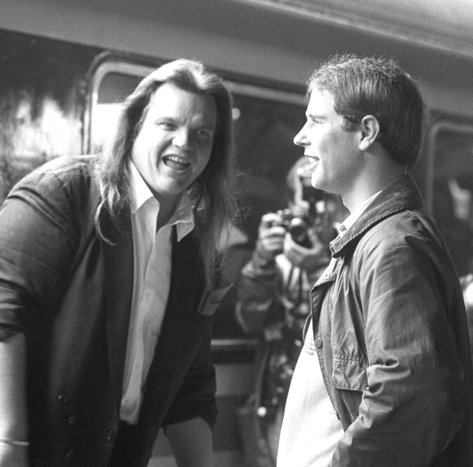 Meat Loaf chats with Prince Edward as he arrives for It's a Royal Knockout back in 1987