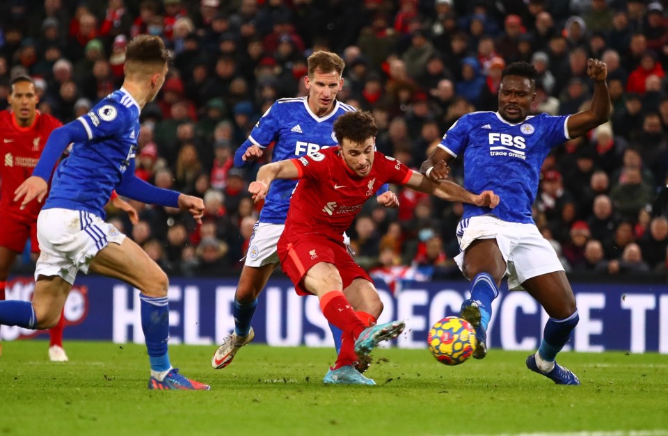 Liverpool striker Jota swivelled and fired past Schmeichel for his second goal of the game
