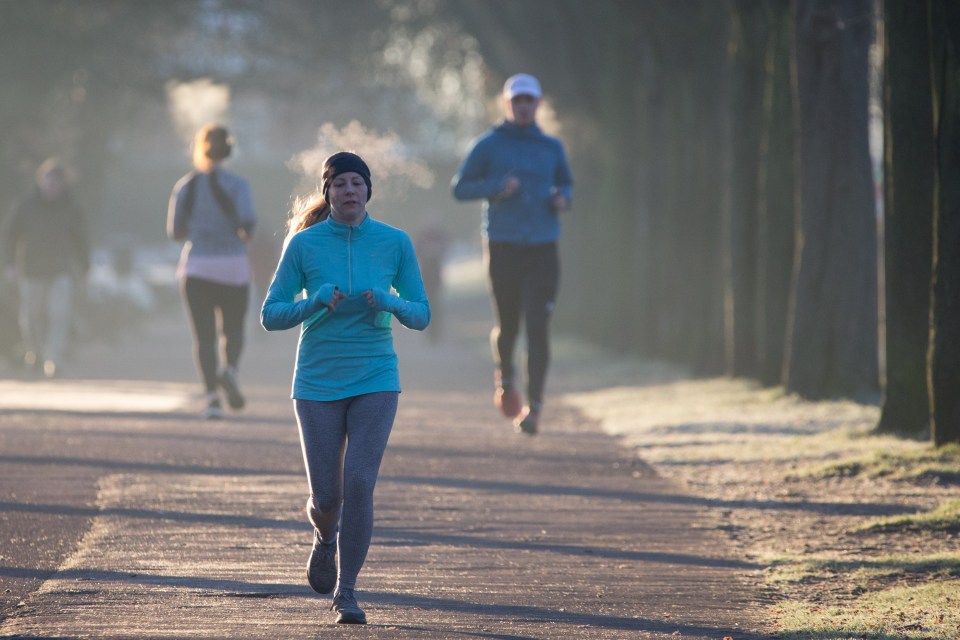 Runners brave the frost on a clear morning in Greenwich Park, London