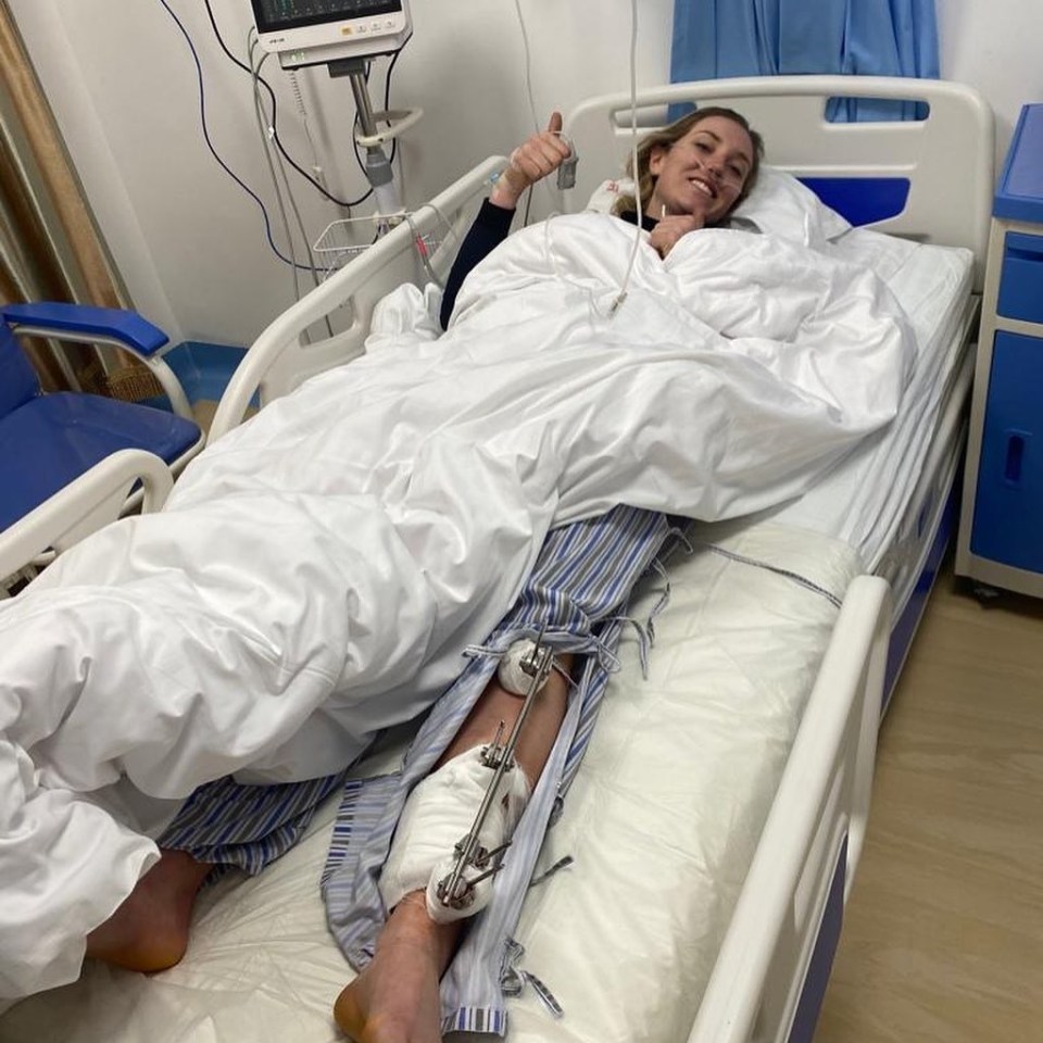 She was taken off the course on a stretcher after tumbling spectacularly over the finish line after clipping a gate