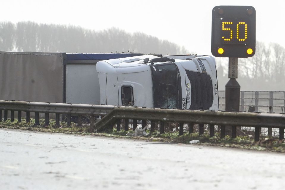 Two lorries overturned in the gale on the M4 in Wales during the morning