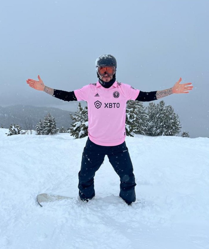 David wore the new Inter Miami shirt while snowboarding
