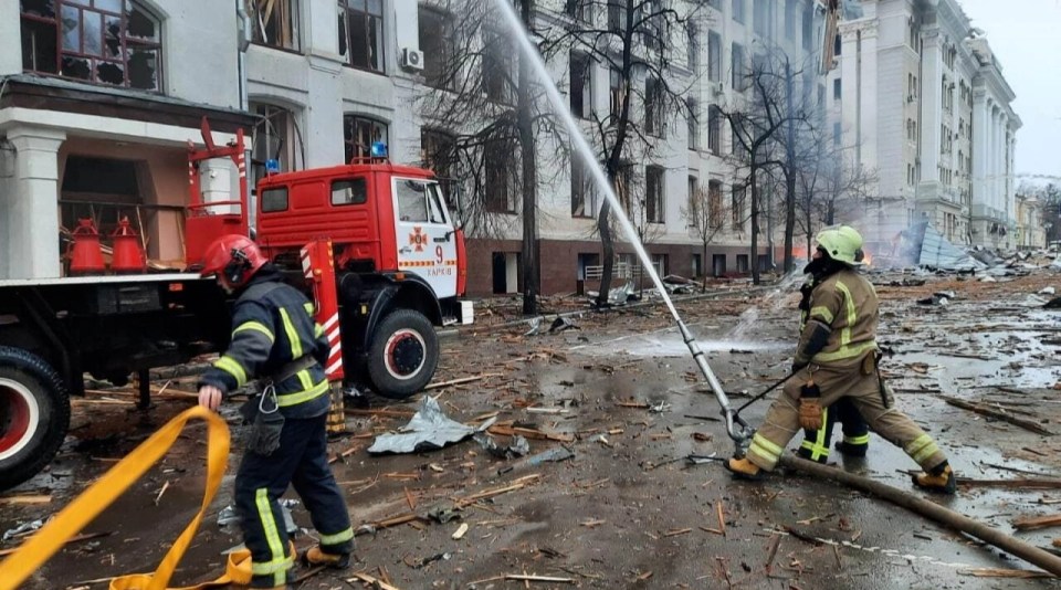 Firefighters battle blazes the morning after the Russian attack in Kharkiv