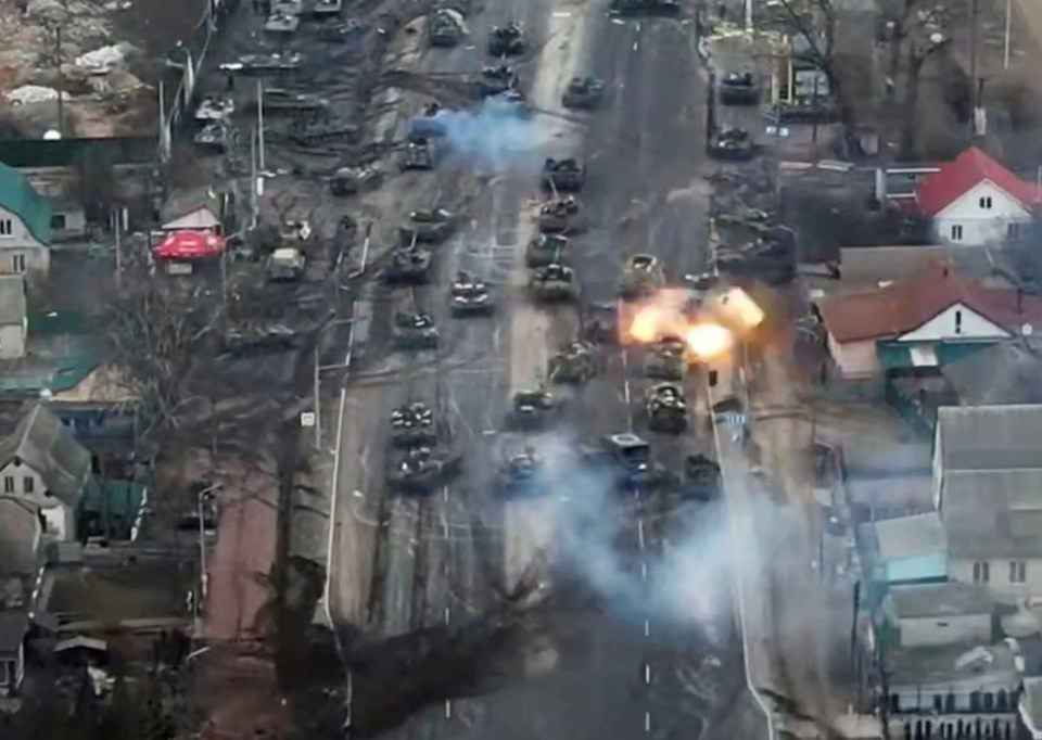 A column of  Russian tanks ambushed by Ukrainian forces, who have been fiercely resisting the invasion