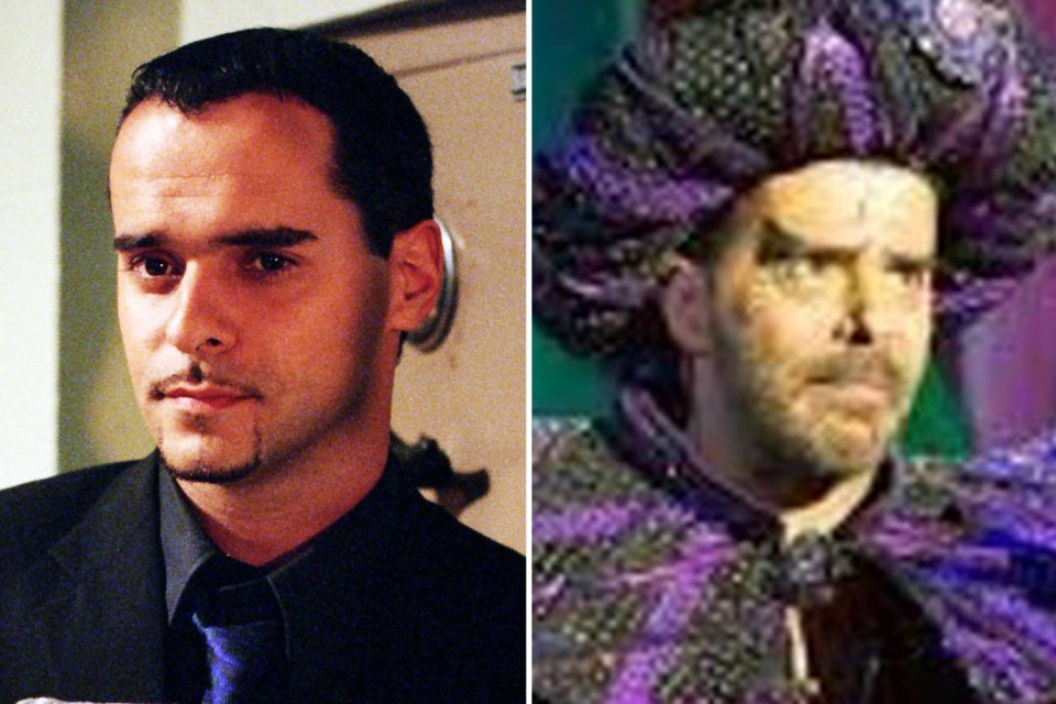 a man in a suit and tie next to a man in a purple hat