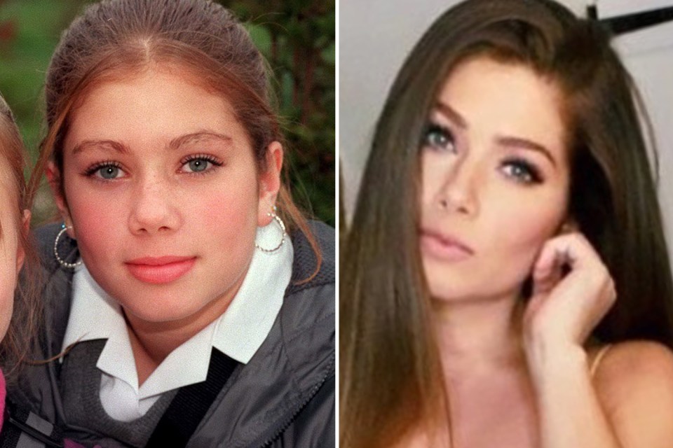 a girl in a school uniform next to a woman with long hair