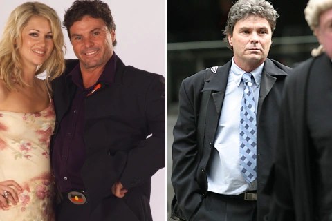 Composite image showing a man and woman at a formal event, and the same man in a courtroom.