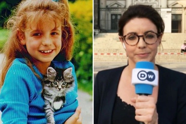 A split image showing a young girl holding a kitten and the same girl as an adult holding a microphone.