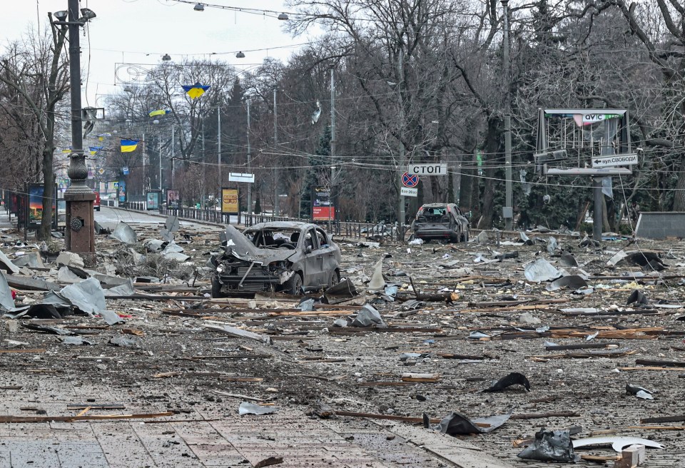 Rubble and bombed out cars litter the roads of Kharkiv