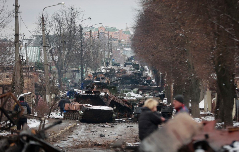 A blitzed Russian tank convoy just 20 miles from Kyiv
