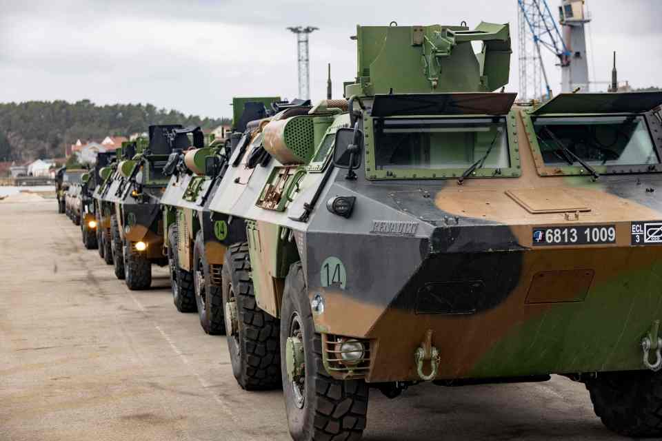 Armoured vehicles of Nato's rapid reaction force brigade in Norway for the military exercise Cold Response 22 arrive at Borg Havn in Fredrikstad, Norway on March 10