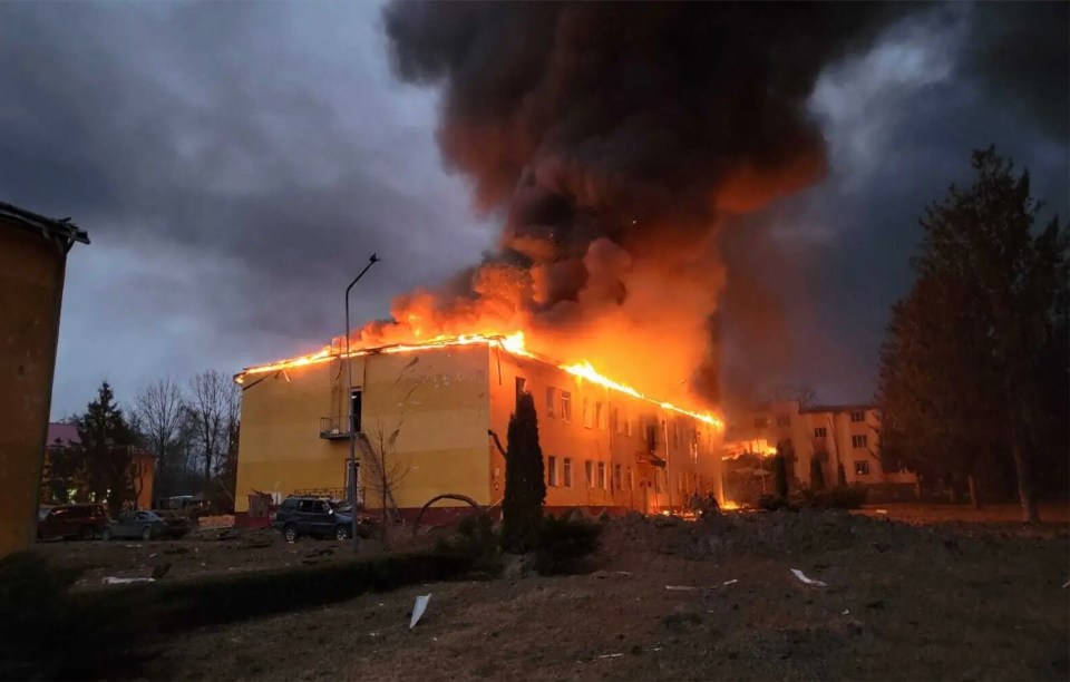 The barracks at Yavoriv burn after being hit by a Russian missile in the early hours of Sunday morning