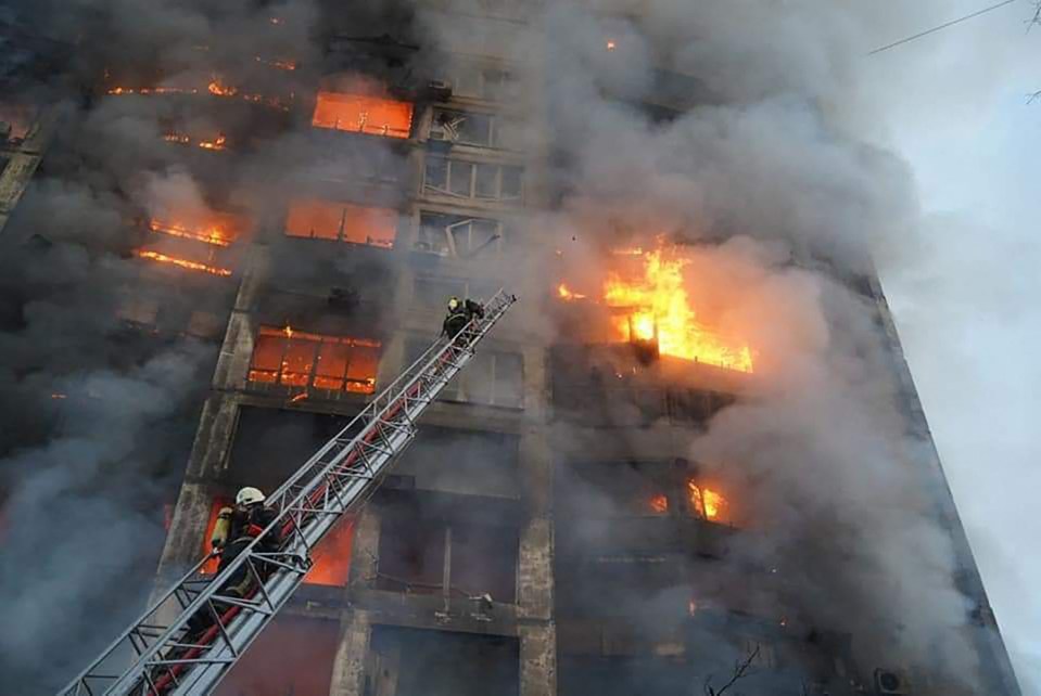 Flames from an apartment building in Kyiv as the Russians continue to hit cities