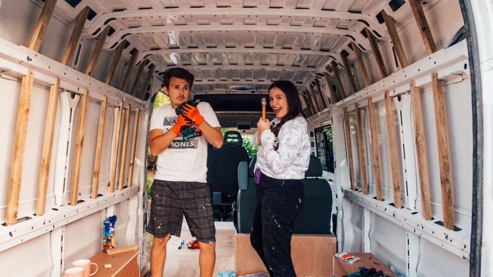Bradley and Cazzy spent three months during 2020 converting a van into their home on wheels
