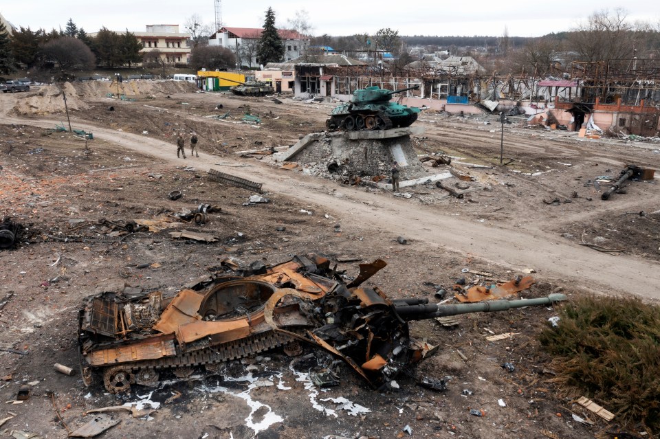 A destroyed Russian tank near the town of Trostianets, in the Sumy region