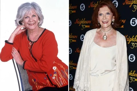 Two photos of the same woman, one in a red cardigan, the other in a white outfit.