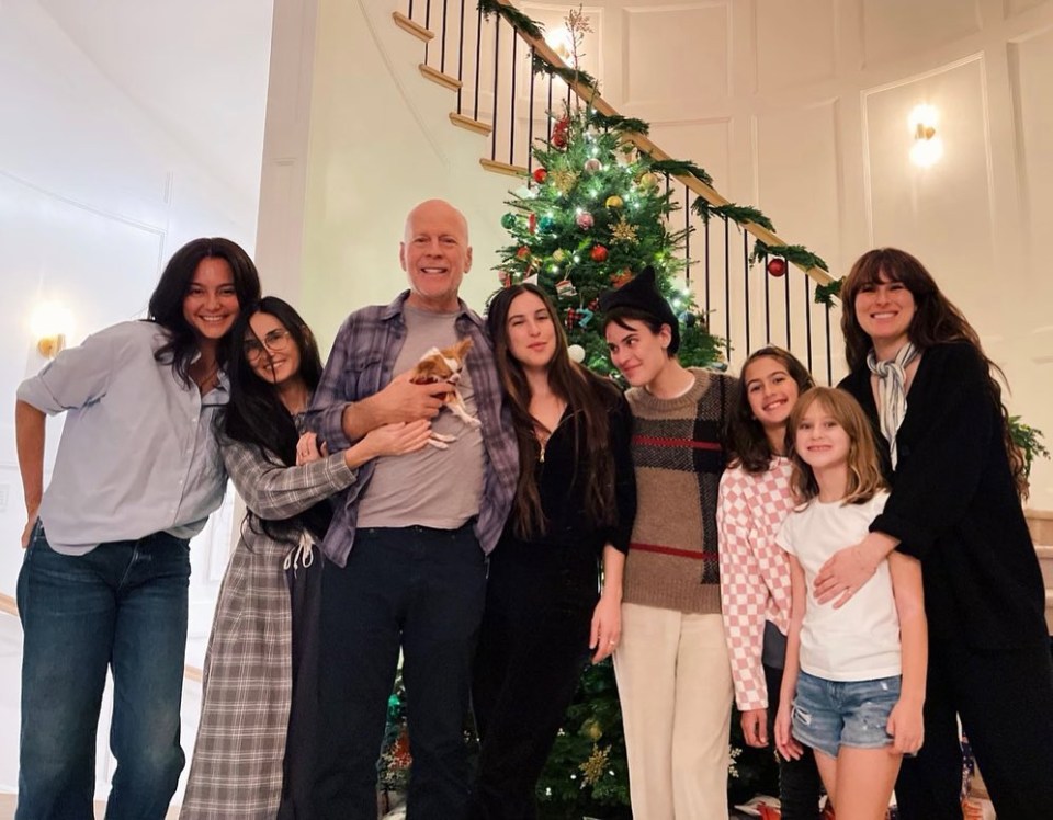 Over Christmas, Demi shared the first picture of her ex since his aphasia diagnose. Left to right: Emma, Demi, Bruce, Scout, Tallullah, Evelyn and Mabel, Rumer
