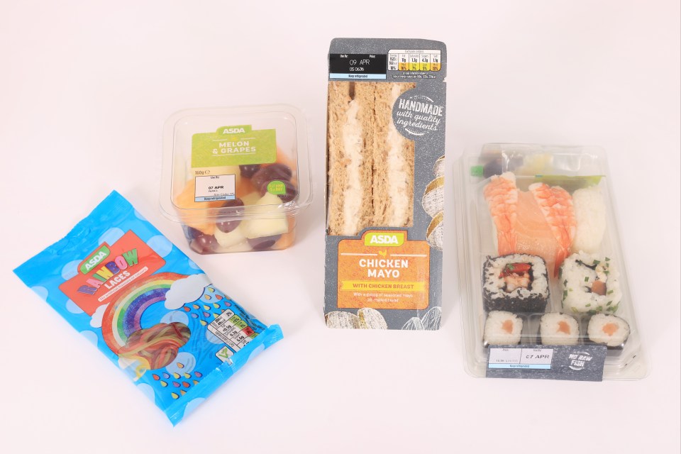 Chicken mayo sandwich £1.90, sushi selection £2.90, melon-and-grape selection (£1 but free with meal deal), Rainbow Laces sweets 25p