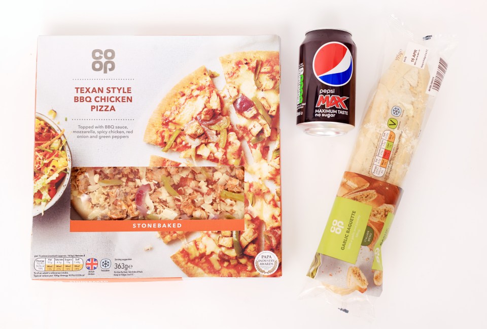 Texan-style BBQ chicken pizza £3.75, Pepsi Max can 60p, garlic baguette £1.15