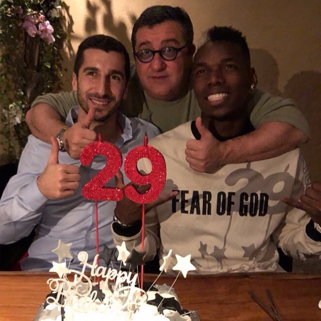 Henrikh Mkhitaryan, Mino Raiola and Paul Pogba in 2018