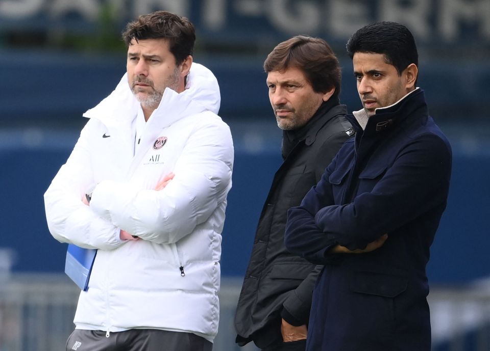 And it's also been claimed PSG are considering getting rid of manager Pochettino (left) and sporting director Leonardo (centre)