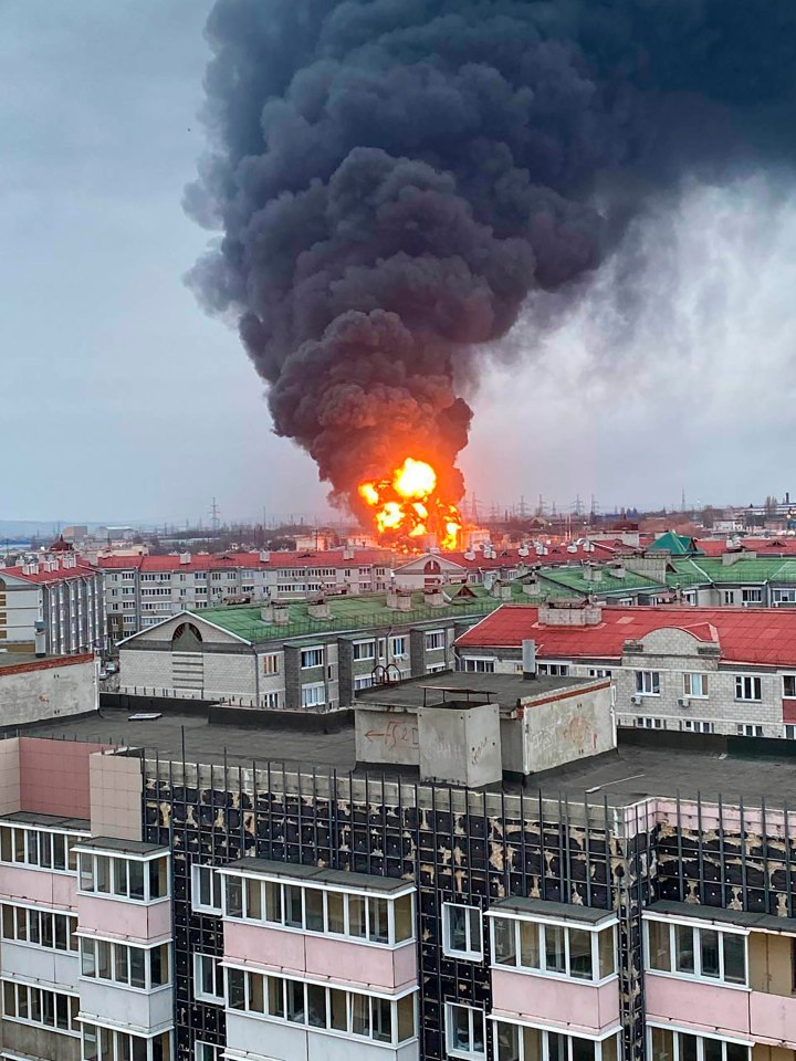 A Russian fuel depot ablaze after an alleged Ukrainian airstrike