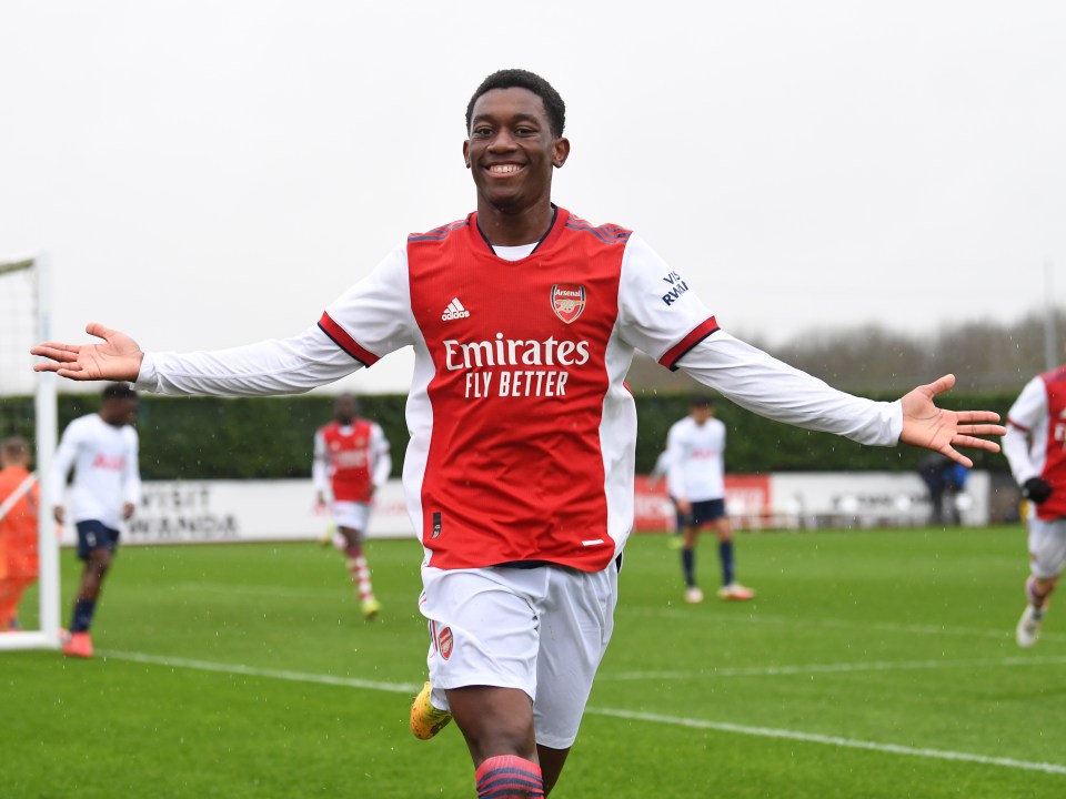 Arsenal wonderkid Khayon Edwards, 18, celebrates scoring against Spurs for the U18s