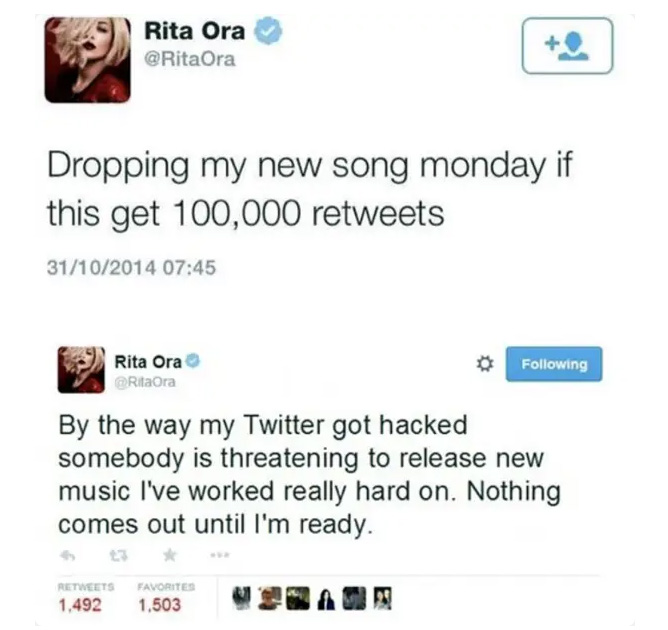 Rita Ora claimed her account had been hacked