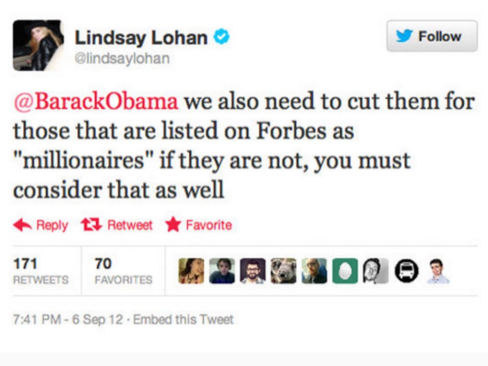 Lindsay Lohan tweeted this to Barack Obama in 2012