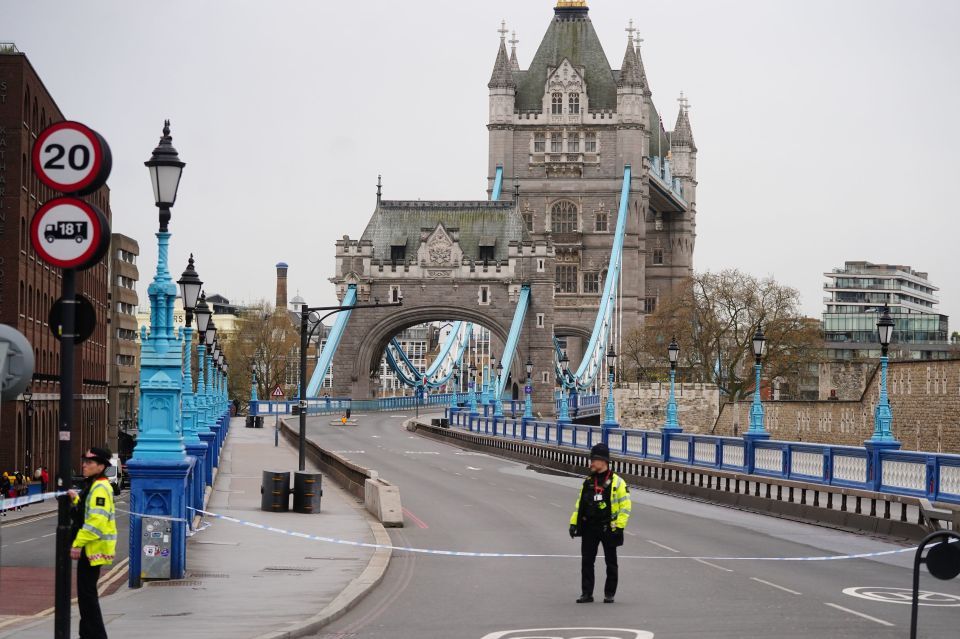 Police officers block access to Tower Bridge, east London