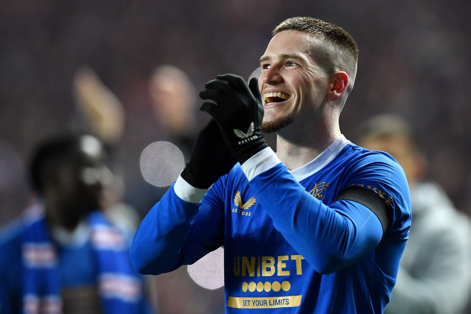 Ryan Kent applauds the excellent Rangers fans at Ibrox.