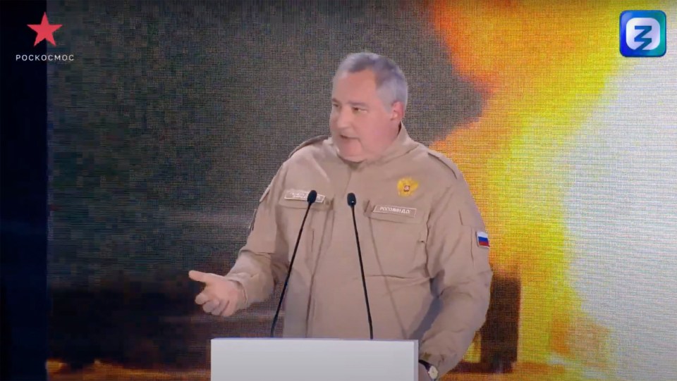 Rogozin wore the space agency’s uniform as he bragged about the weapon to youngsters